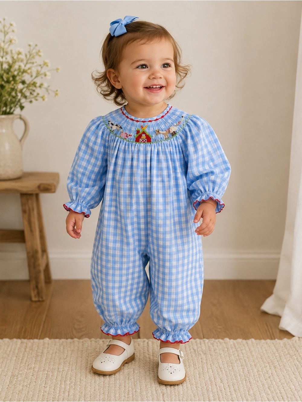 Shrimp & Grits Kids Smocked Blue Gingham One-Piece Romper 18 Months